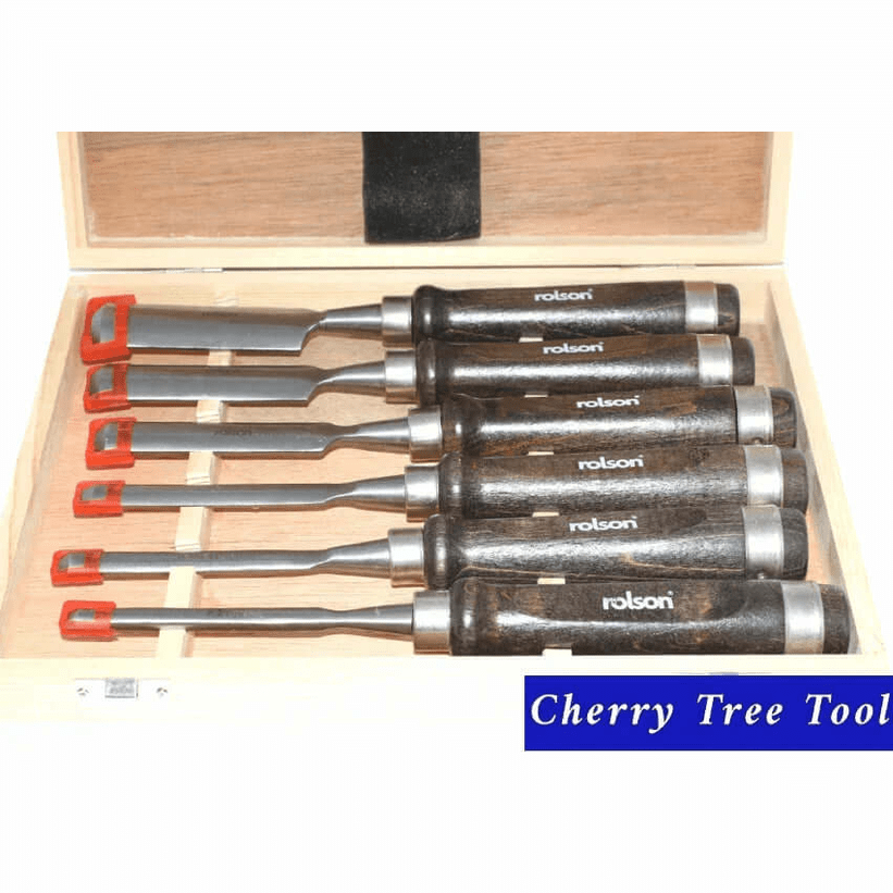 Rolson 6pc Wood Carving Gouge Chisel Set  displayed in a wooden box, featuring six chisels with handles.