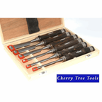 Rolson 6pc Wood Carving Gouge Chisel Set   displayed in a wooden box featuring six chisels with red accents.