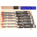 Rolson 6pc Wood Carving Gouge Chisel Set   displayed in wooden box with multiple gouges and dark handles.