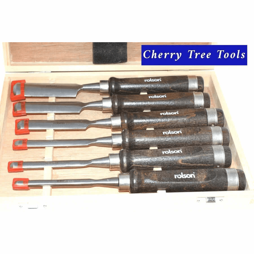 Rolson 6pc Wood Carving Gouge Chisel Set   displayed in wooden box with multiple gouges and dark handles.