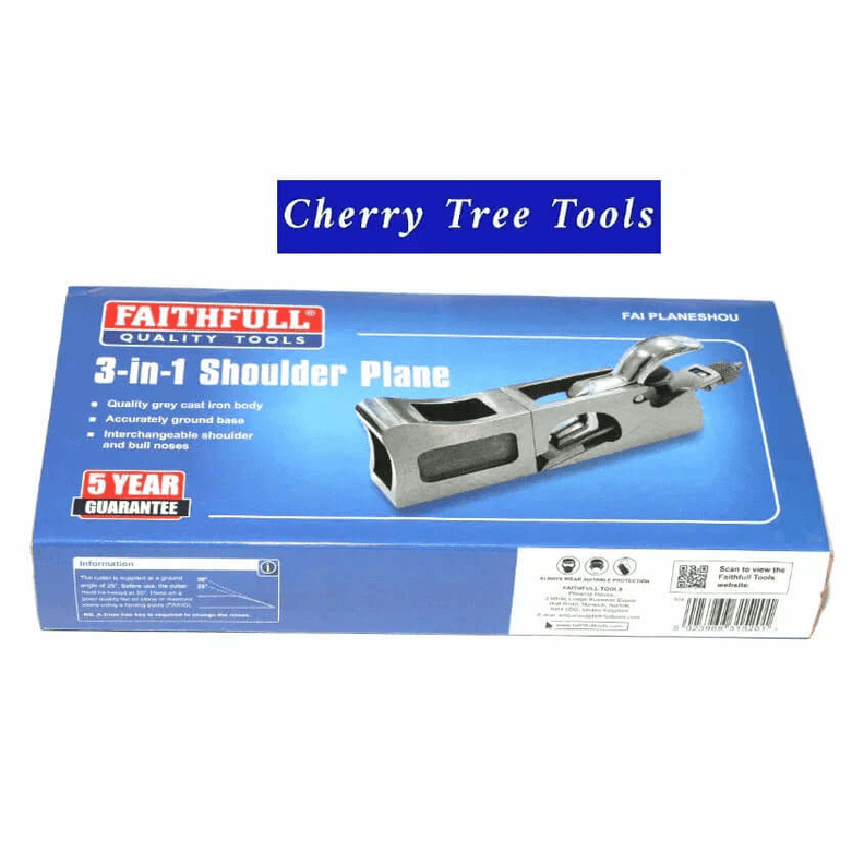 Faithfull 3-in-1 Shoulder Plane 27mm packaging with quality cast iron body and a 5 year guarantee.