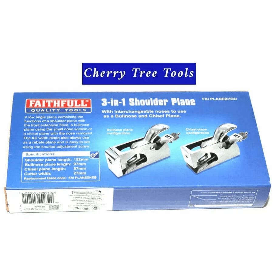 Faithfull 3-in-1 Shoulder Plane 27mm packaging showcasing its multifunctional design and interchangeable noses for woodworking.