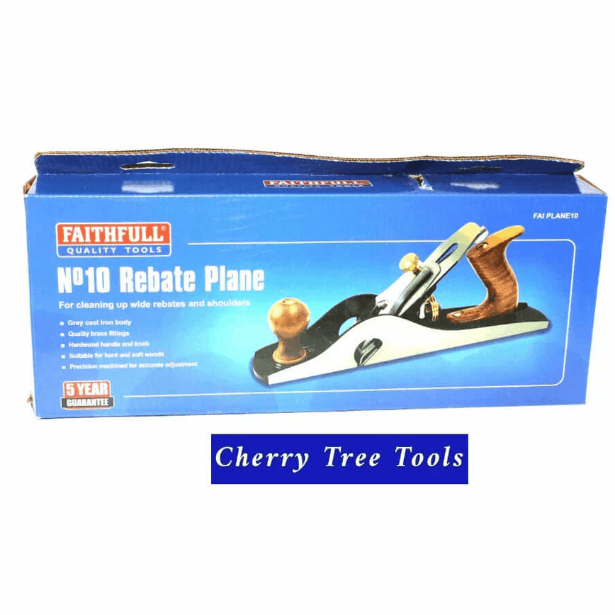 Faithfull No 10 Rebate Plane  woodworking tool shown with ergonomic handle and chrome finish.