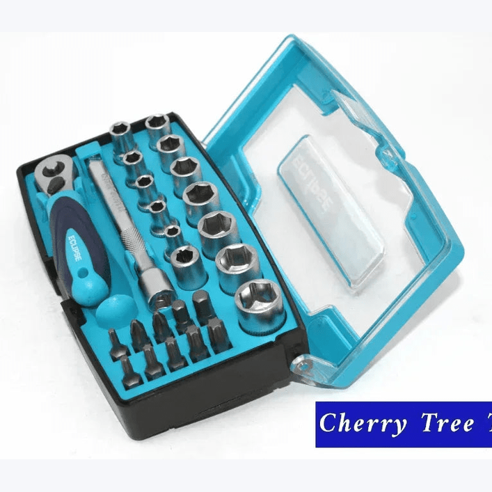 Eclipse Professional 25 Piece Socket Set tools displayed in a durable carrying case with a variety of sockets and accessories.
