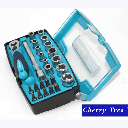Eclipse Professional 25 Piece Socket Set tools displayed in a durable carrying case with a variety of sockets and accessories.