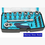 Eclipse Professional 25 Piece Socket Set  displayed in a tool case with various sockets and ratchet.