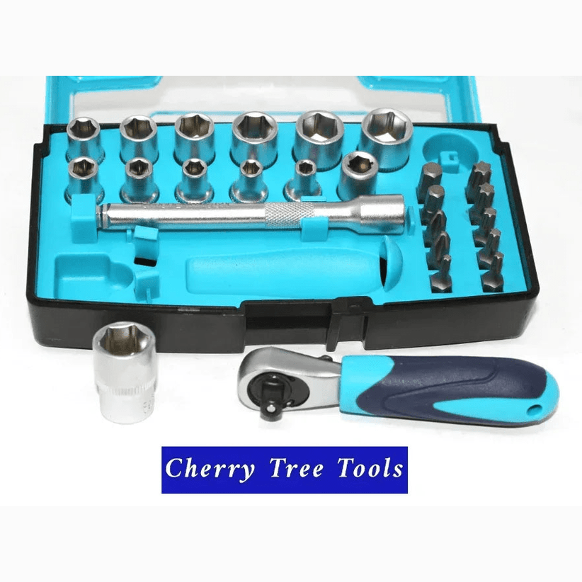 Eclipse Professional 25 Piece Socket Set  arranged in a tool box with various sockets and a ratchet.