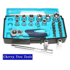 Eclipse Professional 25 Piece Socket Set displayed in a blue and black storage case with a ratchet and various sockets.