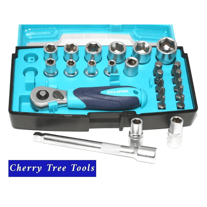 Eclipse Professional 25 Piece Socket Set displayed in a blue and black storage case with a ratchet and various sockets.