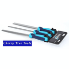Eclipse Professional 3 pc File Set 1st Cut - Ergonomic handles on display with three files and blue ergonomic grips.