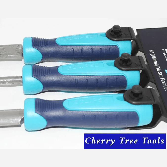 Eclipse Professional 3 pc File Set 1st Cut - Ergonomic handles showcasing durable blue and black grips for precision crafting.