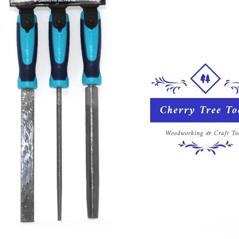 Eclipse Professional 3 pc File Set 1st Cut - Ergonomic handles displayed with vibrant blue handles for precision crafting.