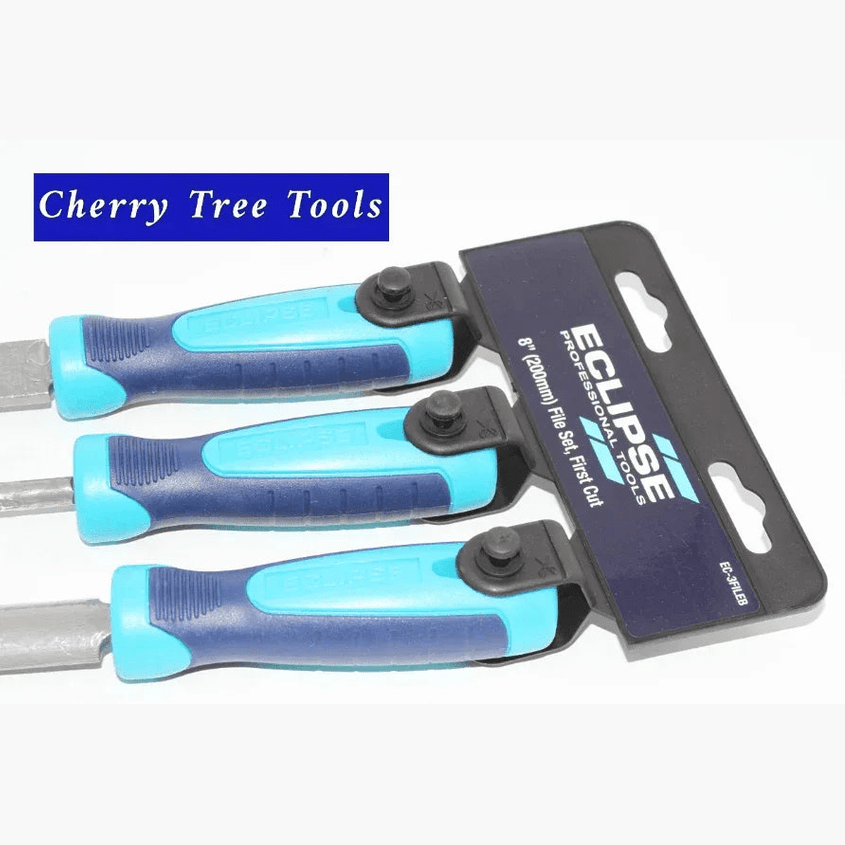 Eclipse Professional 3 pc File Set 1st Cut - Ergonomic handles displayed on packaging by Cherry Tree Tools.
