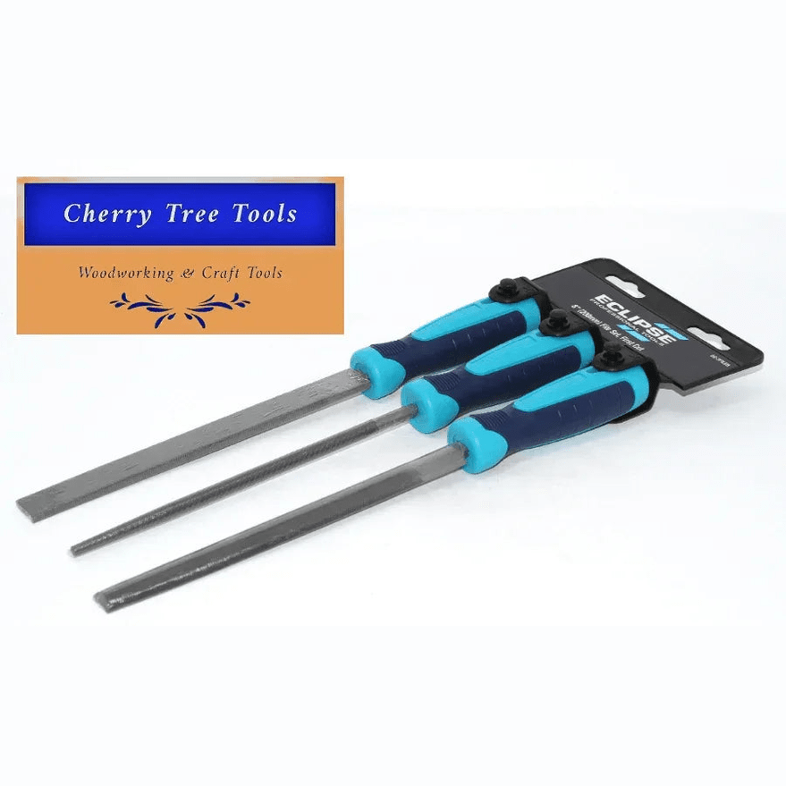 Eclipse Professional 3 pc File Set 1st Cut - Ergonomic handles with three files on packaging.