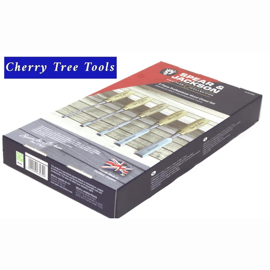 Spear & Jackson Heritage Wood Chisels Set 5pc Collection packaging featuring high-quality tools.