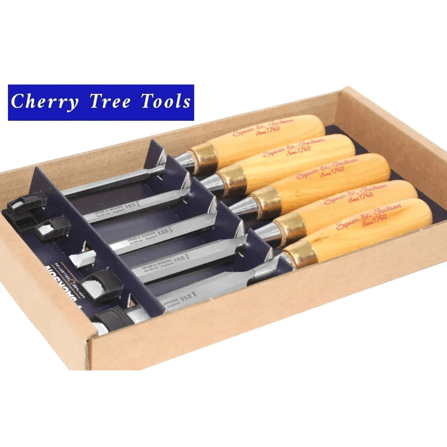 Spear & Jackson heritage Wood Chisels Set 5pc Collection in a wooden box with cherry tree tools logo.