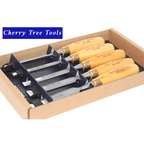 Spear & Jackson heritage Wood Chisels Set 5pc Collection in a wooden box with cherry tree tools logo.