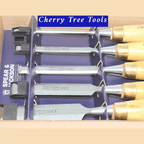 Spear & Jackson Heritage Wood Chisels Set 5pc Collection displayed in a tool box, showcasing five professional chisels.