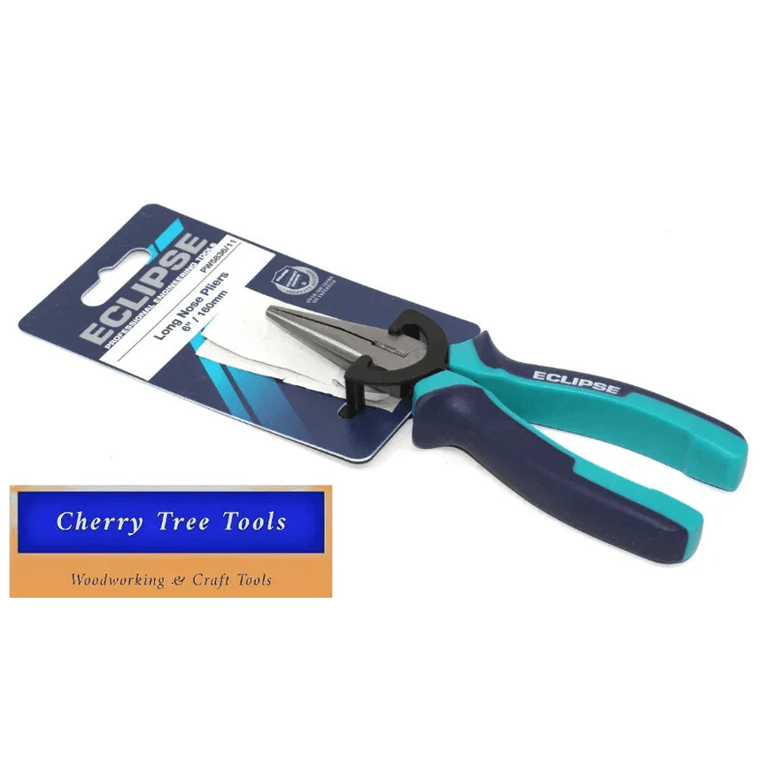 Eclipse Professional 6" Long Nose Pliers displayed with packaging, ideal for precision work in tight spaces.