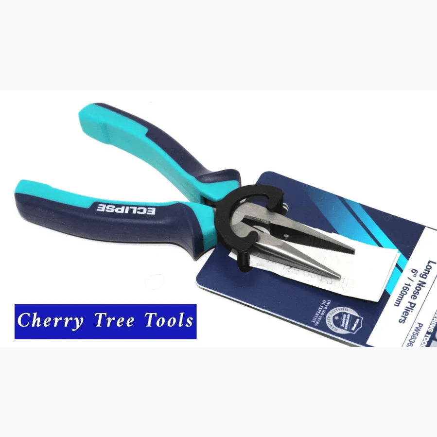 Eclipse Professional 6" Long Nose Pliers  with blue and black handle, ideal for precision work in tight spaces.