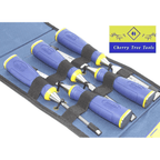 Irwin Marples MS500 Chisel Set  displayed in a tool roll with blue handles, ideal for woodworking and carpentry tasks.
