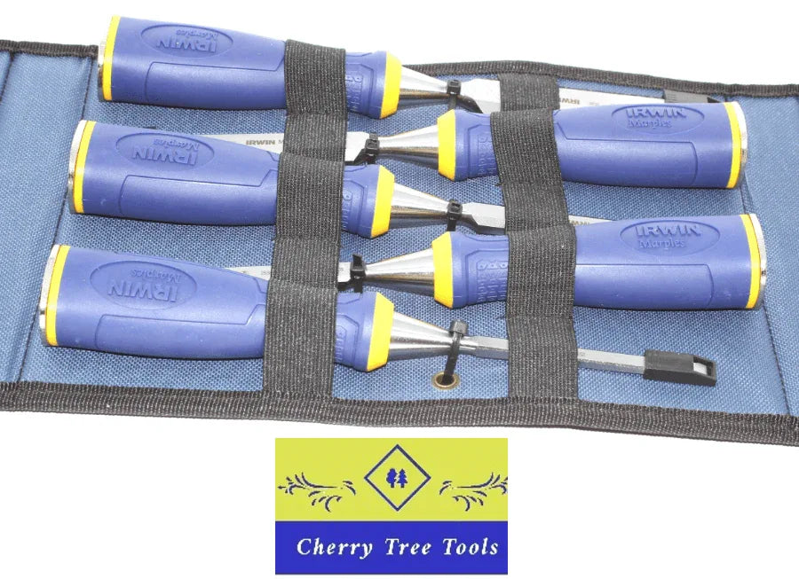 Irwin Marples chisel Set displayed in a case, showcasing the precision-engineered blades for woodworking