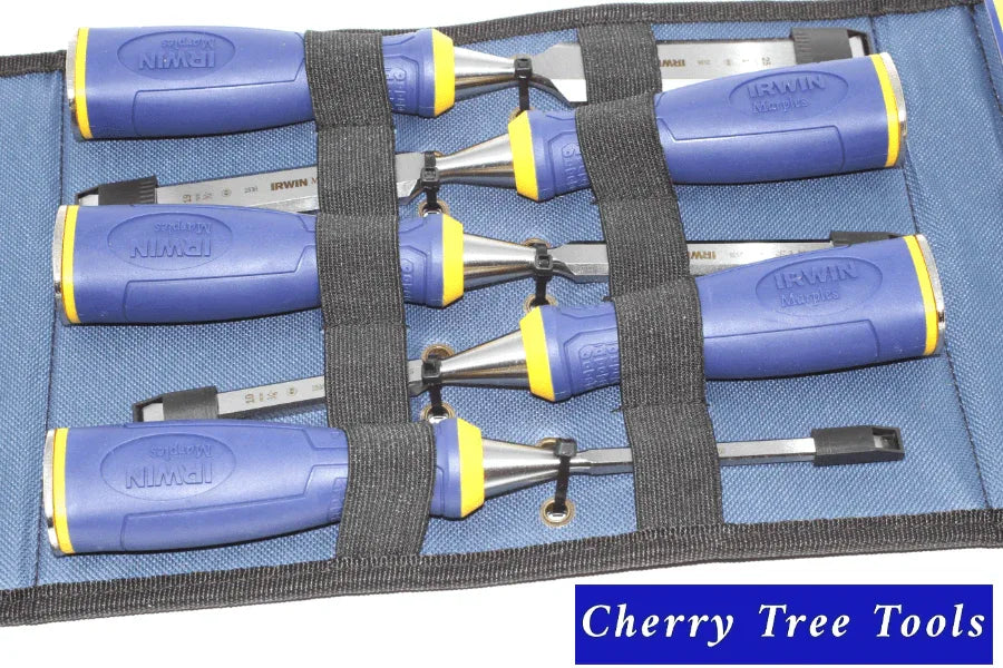 Irwin Marples chisel Set MS 500 displayed in a blue tool roll, showcasing precision-engineered blades for woodworking.