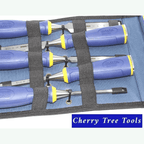 Irwin Marples MS500 Chisel Set displayed in a tool roll, showcasing precision-engineered blades and ergonomic handles.