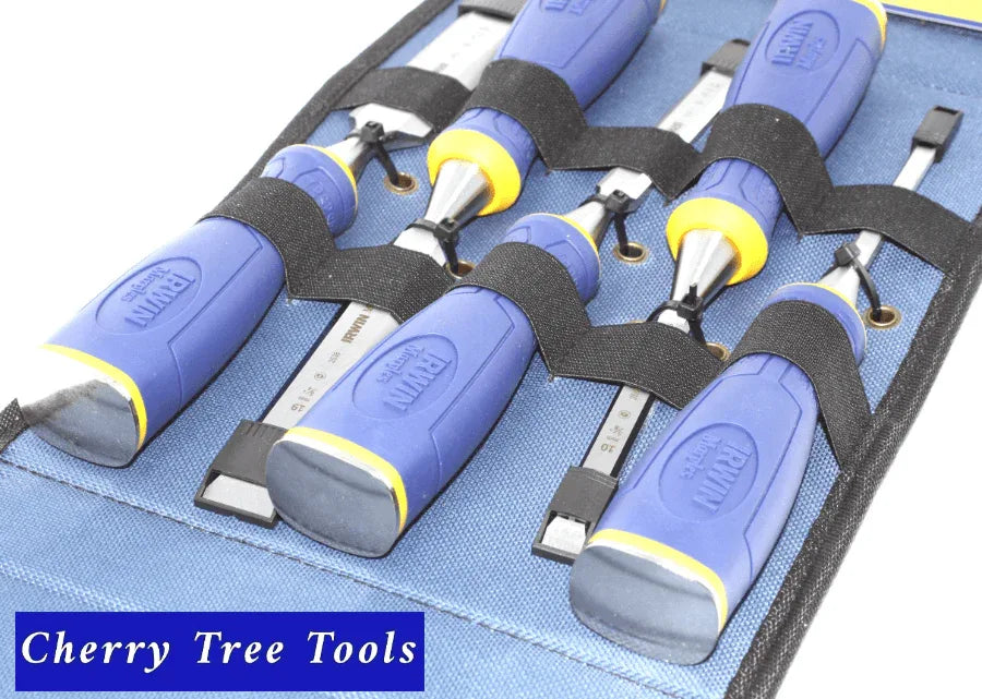 Irwin Marples chisel set displayed in a storage case, featuring precision-engineered blades for woodworking tasks.