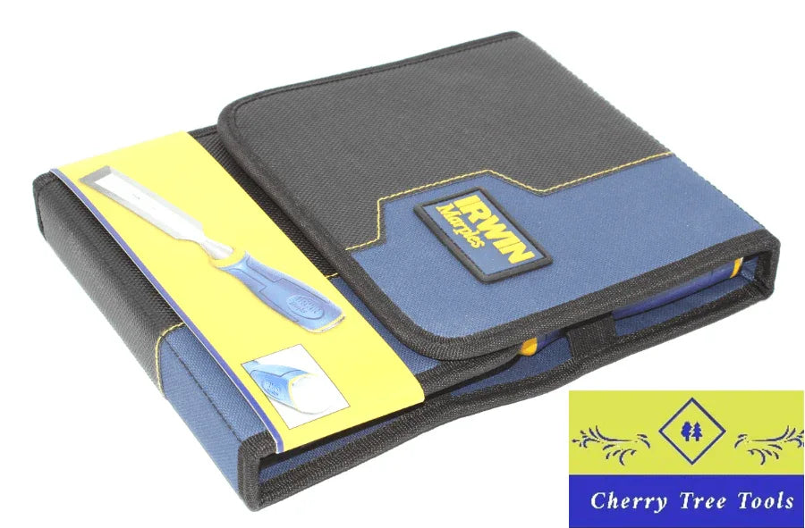 Irwin Marples chisel Set packaging featuring blue and black colors, showcasing organized tools for woodworking.