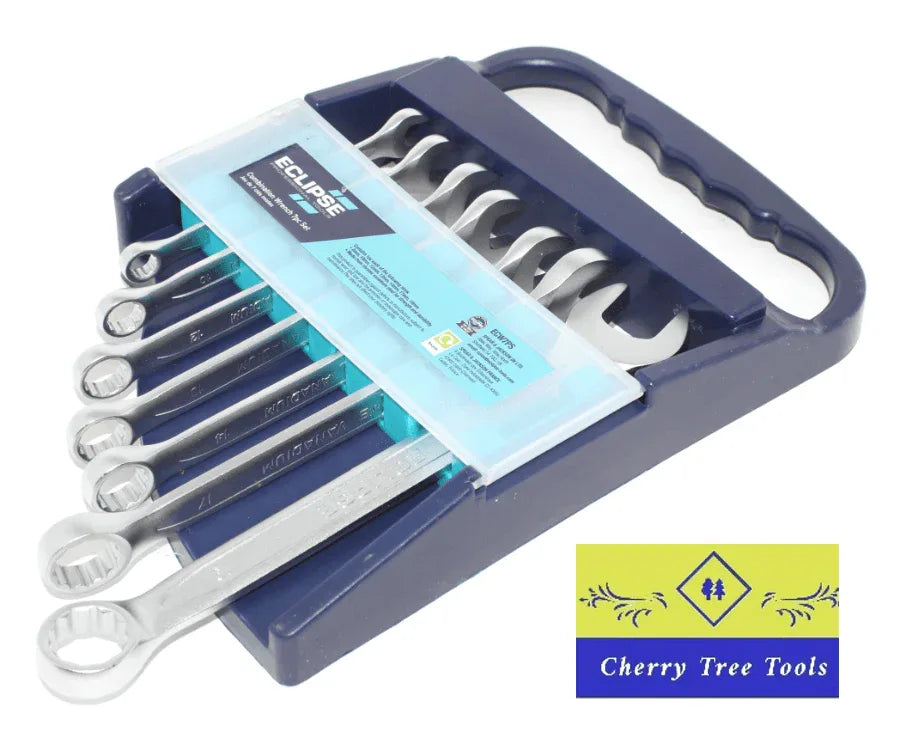 Eclipse Professional Combination Spanner Set in a storage tray with a blue handle and logo from Cherry Tree Tools