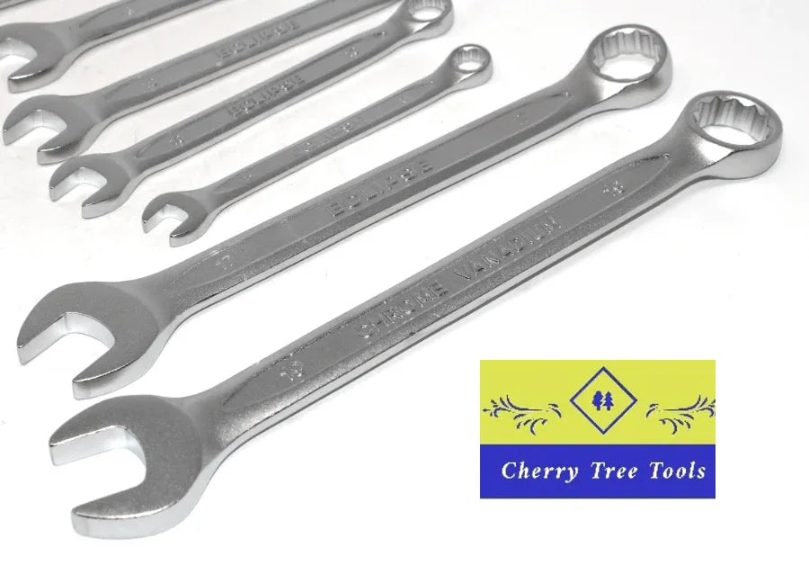 Eclipse Professional Combination Spanner Set featuring chrome vanadium steel spanners with open and ring heads.