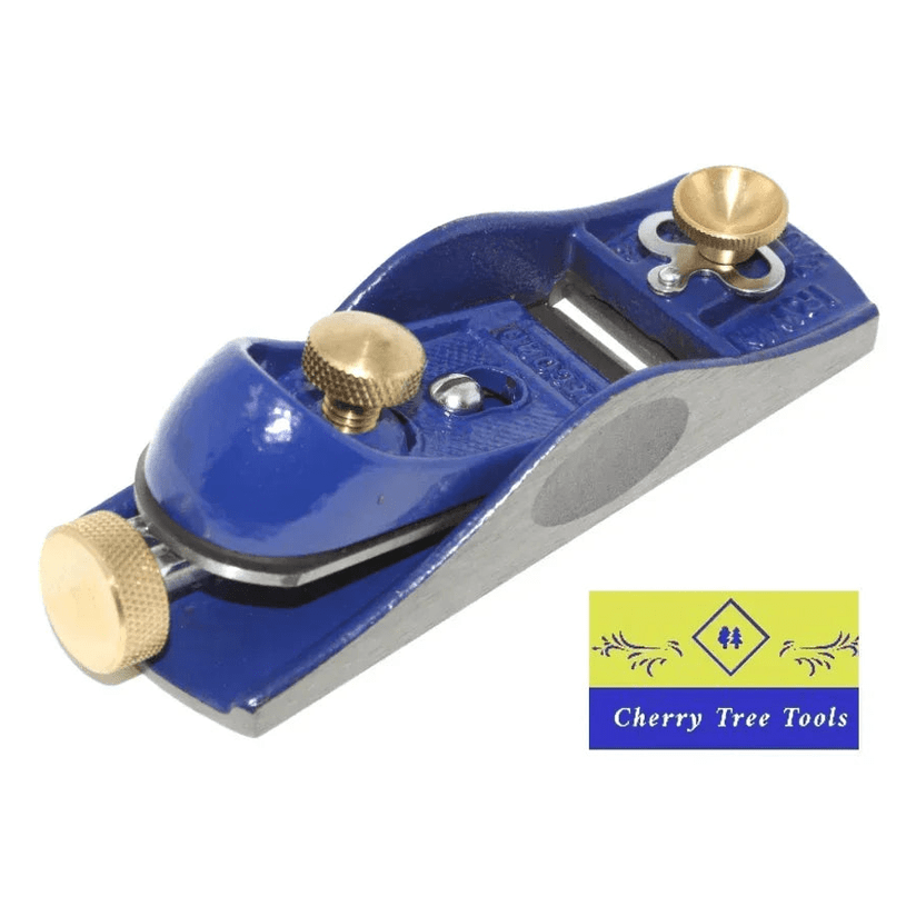 Irwin Record Low Angle Block Plane No 60 1/2 with blue body and brass knobs for precise woodworking.