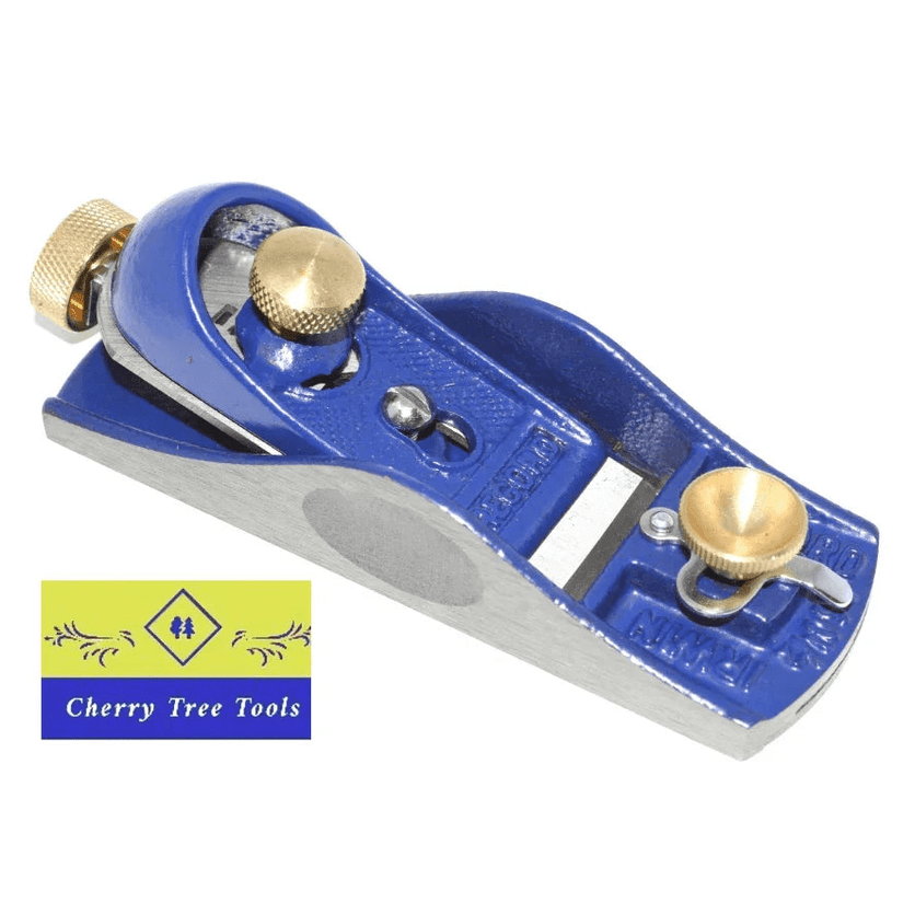 Irwin Record Low Angle Block Plane No 60 1/2 with a blue body and brass knobs for precision woodworking.