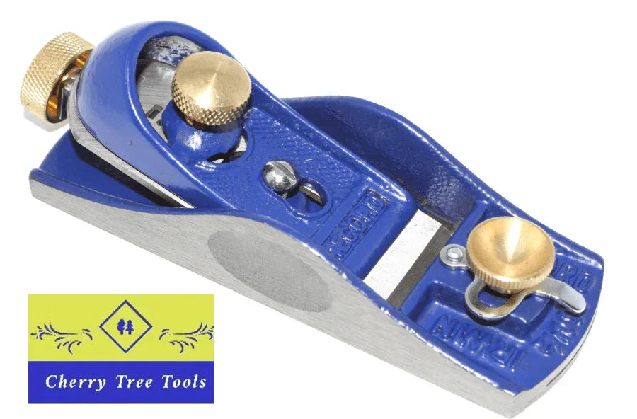 Irwin Record Block Plane No 60 1/2 shown from an angle, featuring its distinctive blue finish and brass knobs.