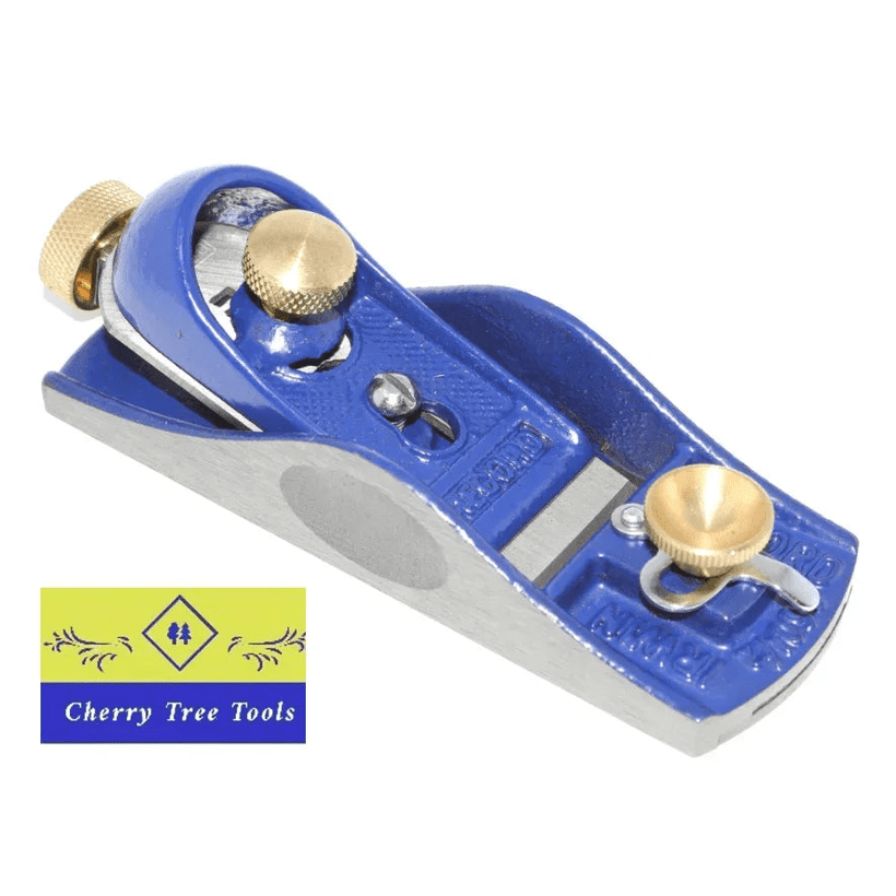 Irwin Record Low Angle Block Plane No 60 1/2 shown with a blue finish and brass knobs, designed for precision woodworking tasks.