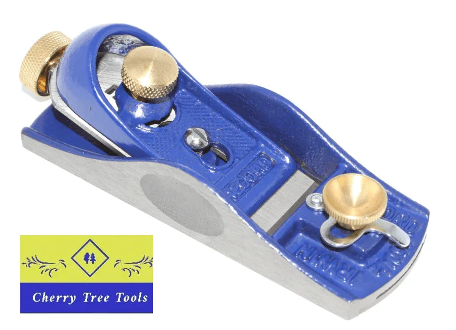 Irwin Record Block Plane No 60 1/2 showcasing its compact design and brass adjustments for precision woodworking.