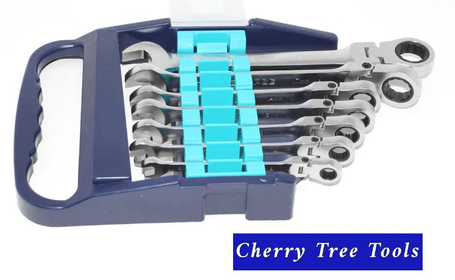 Eclipse Professional Flex Head Combination Spanner Set displayed in a case with blue handle, showing 7 precision-engineered spanners.