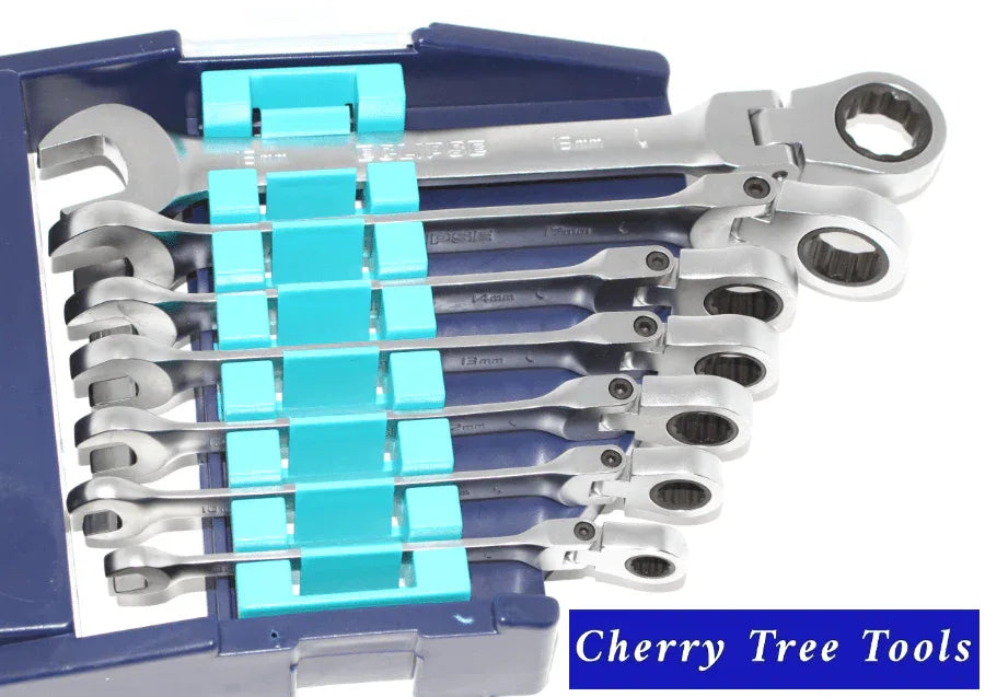 Eclipse Professional Flex Head Combination Spanner Set in a tool case showing 7 pieces from 8mm to 19mm.