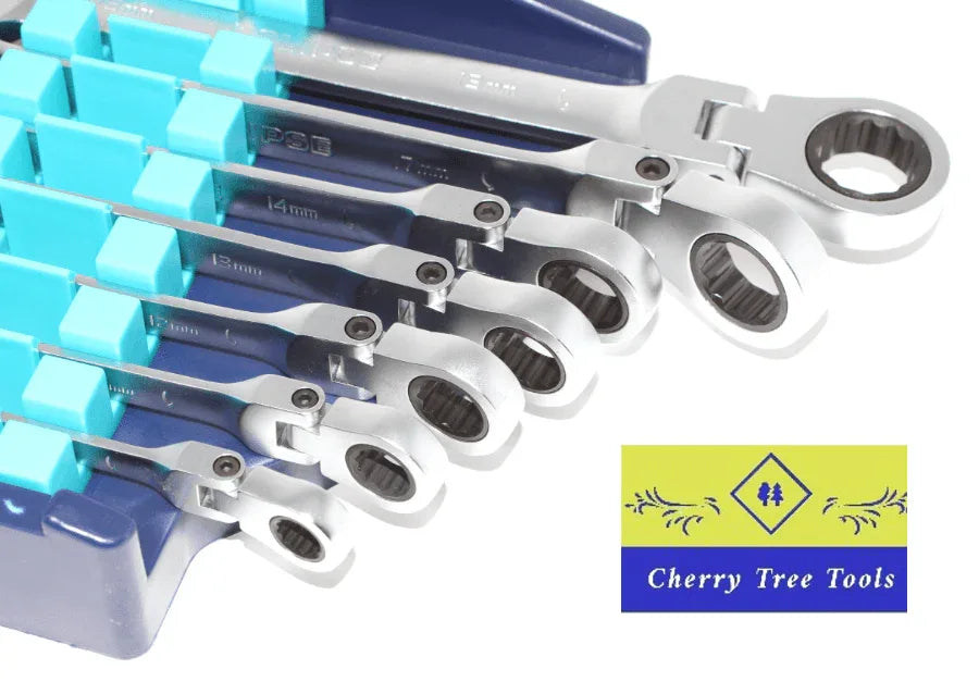 Eclipse Professional Flex Head Combination Spanner Set displayed with various sizes on a tool organizer.