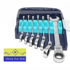 Eclipse Professional Flex Head Combination Spanner set displayed in a tool organizer by Cherry Tree Tools.
