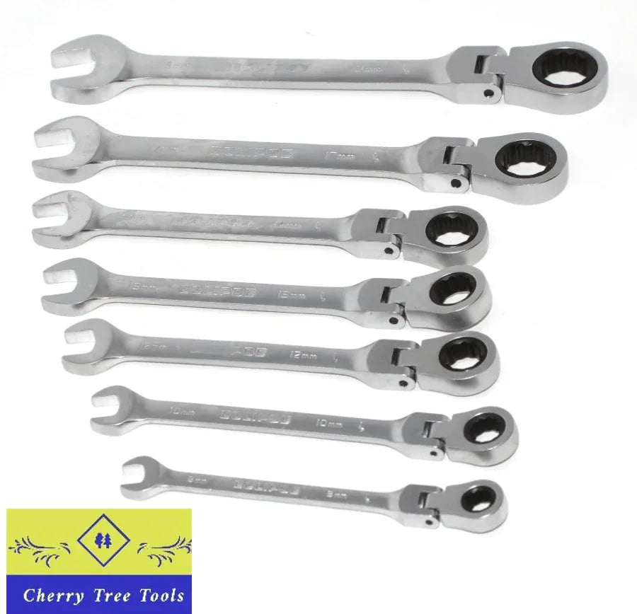 Eclipse Professional Flex Head Combination Spanner Set showcasing 7-piece tools with flex head technology for precision engineering.