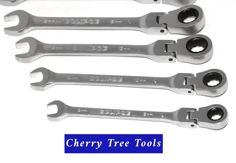 Eclipse Professional Flex Head Combination Spanner Set with various sizes from 8mm to 19mm displayed neatly.