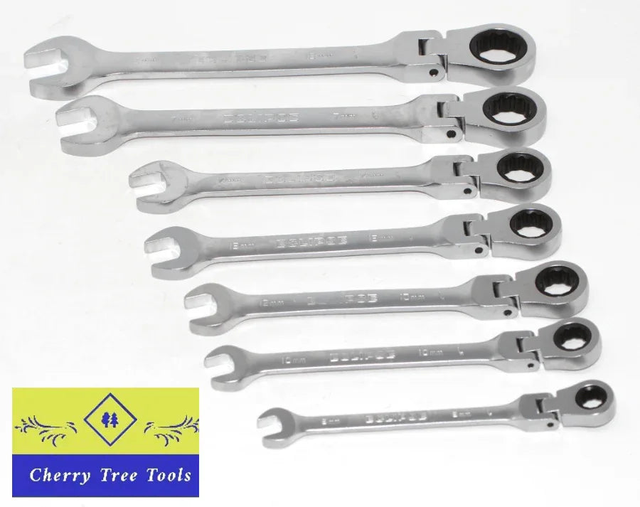 Eclipse Professional Flex Head Combination Spanner Set displayed in 7 pieces, featuring flex head technology for versatile use.
