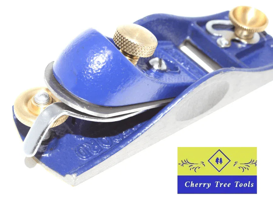 Irwin Record Block Plane 9 1/2 with a sleek blue finish and brass details for fine woodworking.
