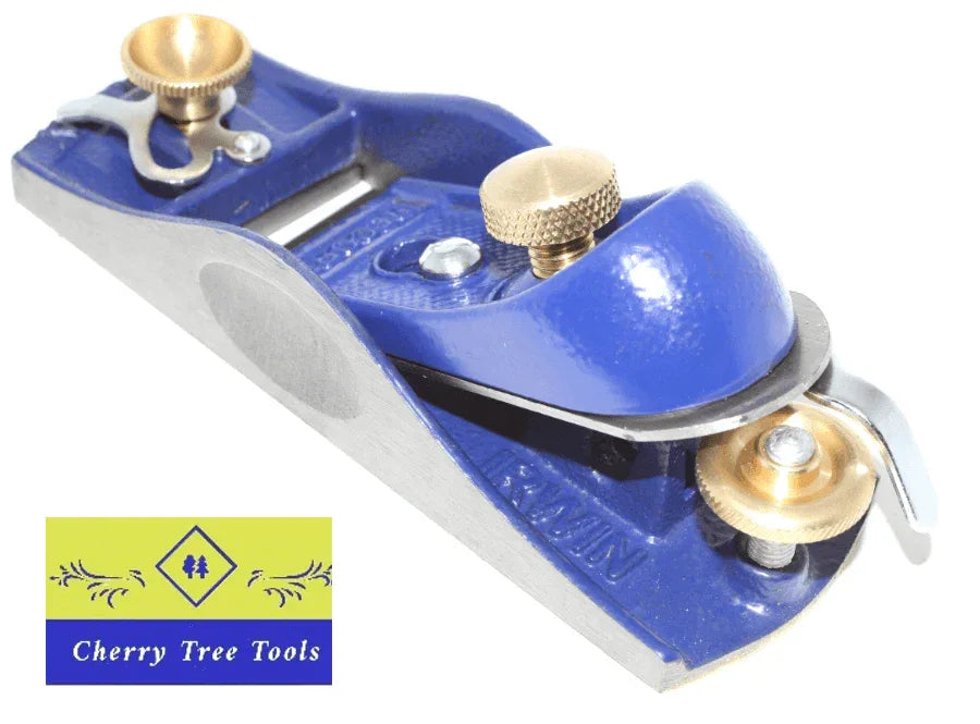 Irwin Record Block Plane 9 1/2 shown with brass adjustments and Cherry Tree Tools logo in the background.