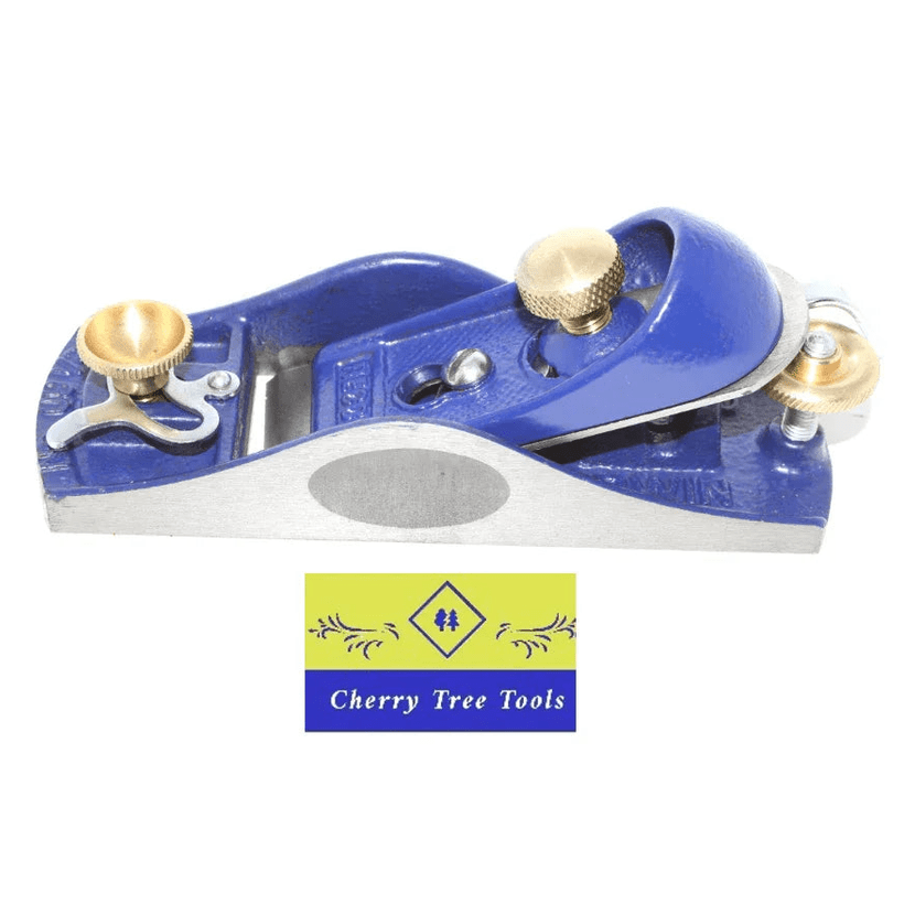 Irwin Record Block Plane 9 1/2 in a sleek blue design with brass knobs, ideal for fine woodworking tasks.