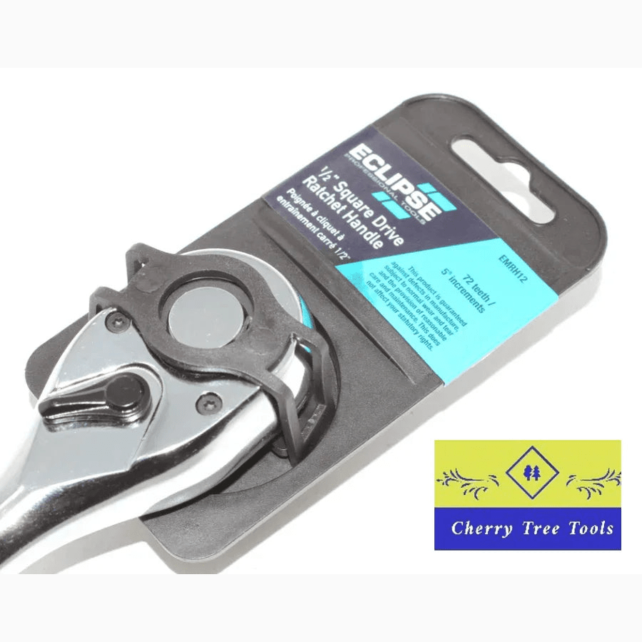 Eclipse Professional Ratchet Handle 1/2" Drive with packaging view, durable chrome vanadium steel, 72 teeth ratchet.
