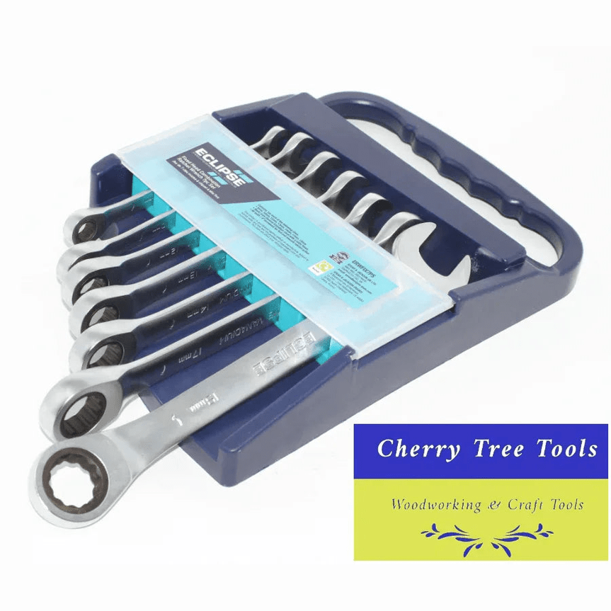 Eclipse Professional 7 Piece Ratchet Spanner Set displayed in a case with 7 pieces, showcasing durability and precision for automotive use.