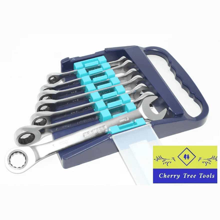 Eclipse Professional 7 Piece Ratchet Spanner Set displayed in a storage rack, showing a 7 piece chrome vanadium steel tool set.